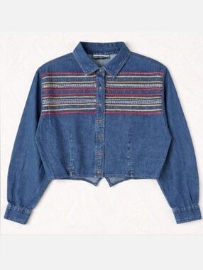 Side Saddle Washed Denim Embroidery Studs Cropped Western Button Front Blouse
